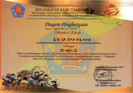 DESA TAMBLANG MENOREH PRESTASI SEBAGAI JUARA II LOMBA BLEGANJUR PADA KEGIATAN FESCAM TAHUN 2017